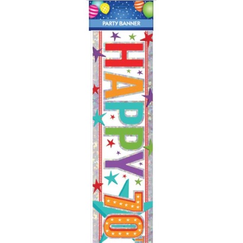 Vibrant "Happy 70th Birthday" banner, 13cm x 2.7m, features a cheerful design, perfect for festive celebrations.