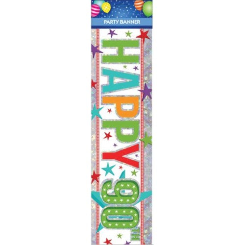 Colorful "Happy 90th Birthday" banner, perfect for celebrations, featuring vibrant designs and durable material for indoor/outdoor use.