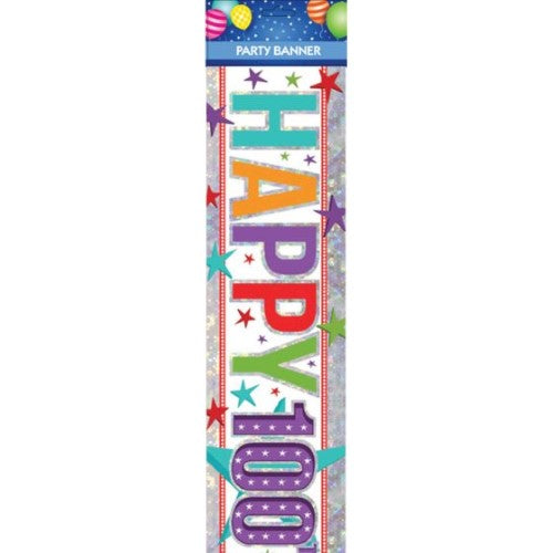 Vibrant "Happy 100th Birthday" banner, perfect for celebrating a centennial milestone with cheerful designs.