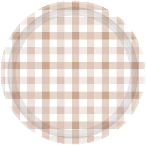 Gingham 17cm paper plates in White Sand, pack of 8, perfect for stylish, eco-friendly party decor and easy clean-up.