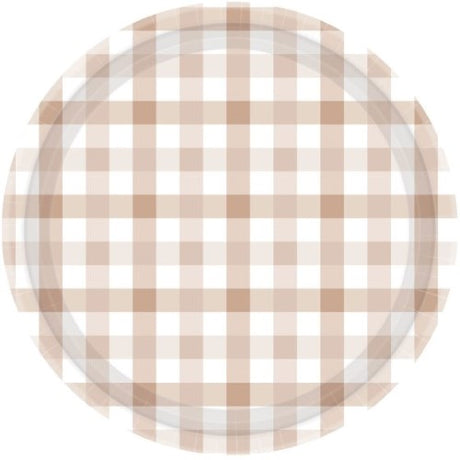 Gingham 17cm paper plates in White Sand, pack of 8, perfect for stylish, eco-friendly party decor and easy clean-up.