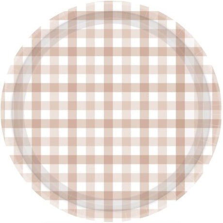 Gingham 23cm white sand paper plates in a pack of 8, perfect for stylish parties and eco-friendly dining.