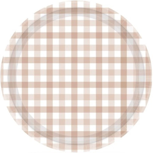 Gingham 23cm white sand paper plates in a pack of 8, perfect for stylish parties and eco-friendly dining.