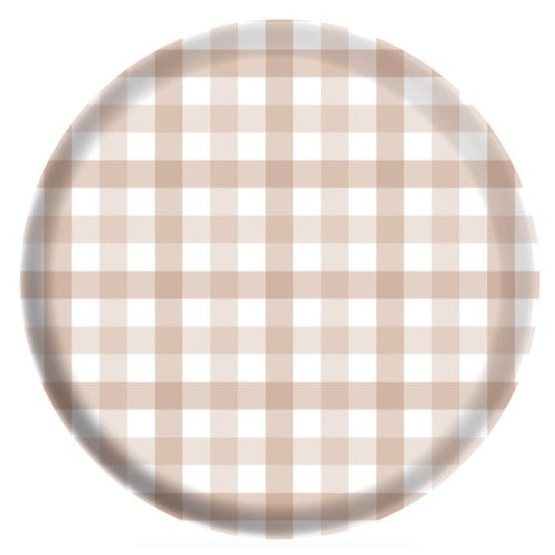 Set of 4 Gingham Melamine plates in White Sand, durable, lightweight, shatter-resistant, perfect for indoor and outdoor dining.