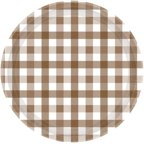 Gingham 17cm paper plates in teddy brown, eco-friendly, stylish, perfect for parties and gatherings; pack of 8.