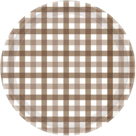 Gingham 23cm paper plates featuring a teddy bear design, perfect for parties and eco-friendly events, pack of 8.