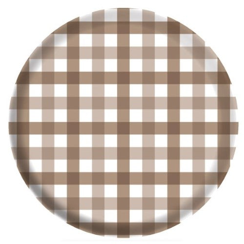 Gingham melamine plates in teddy brown, 26cm, pack of 4, durable, stylish, perfect for indoor and outdoor dining.