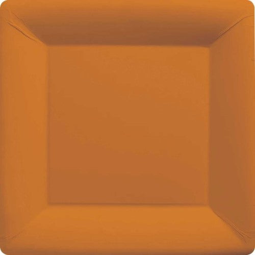 Pack of 20 pumpkin orange square paper plates, ideal for parties and eco-friendly dining, sturdy for various foods.