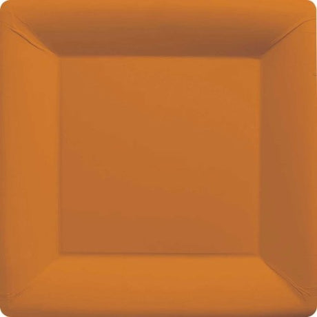 Pack of 20 pumpkin orange square paper plates, ideal for parties and eco-friendly dining, sturdy for various foods.