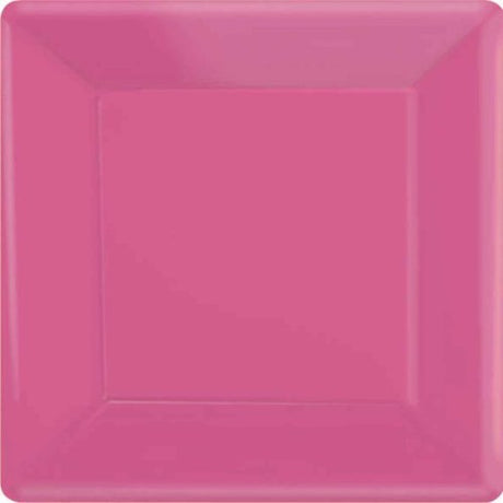 Bright pink 17cm square paper plates in a pack of 20, perfect for eco-friendly, stylish dining at any event.