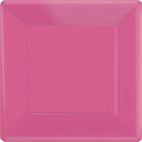 Bright pink 17cm square paper plates in a pack of 20, perfect for eco-friendly, stylish dining at any event.