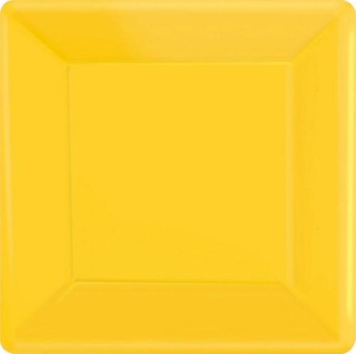 Sunshine Yellow 23cm square paper plates, pack of 20, eco-friendly and perfect for any festive occasion.