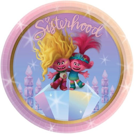 Colorful 23cm Trolls 3 paper plates featuring beloved characters, perfect for kids' parties and celebrations, pack of 8.