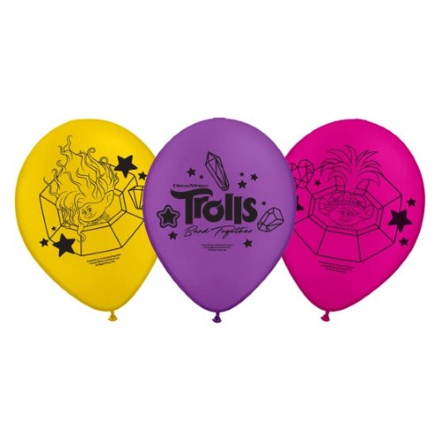 Colorful Trolls 3 Band Together 30cm latex balloons, perfect for birthdays and festive decorations, pack of 6.