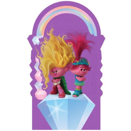 Colorful Trolls 3 mini pinata made of cardboard, perfect for filling with treats at parties, measuring 13.9cm x 22.8cm.