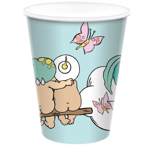 Set of 8 biodegradable paper cups featuring May Gibbs' whimsical, nature-inspired designs for eco-friendly gatherings.