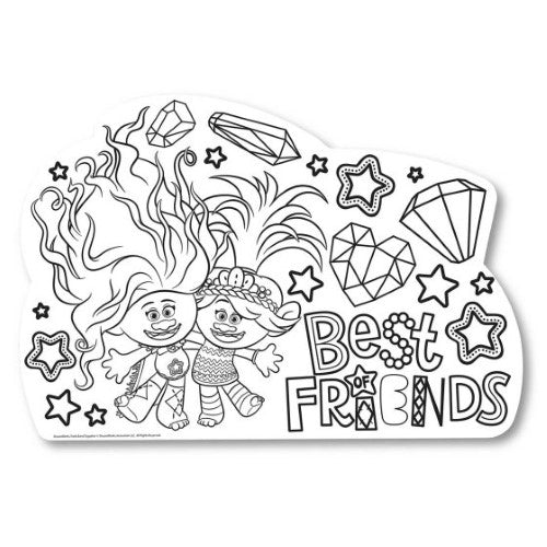 Trolls 3 Band Together color-in placemats for kids, eco-friendly, fun designs, perfect for mealtime creativity and enjoyment.