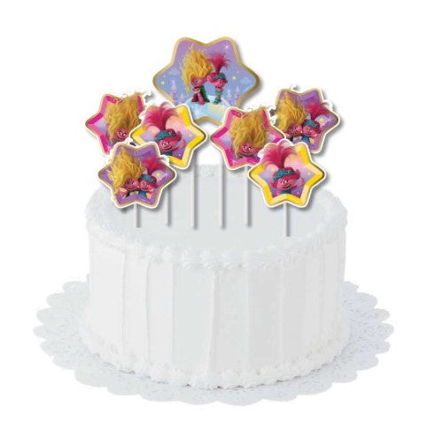 Trolls 3 cake decorating kit with 7 colorful cardboard toppers, perfect for festive celebrations and birthday parties.