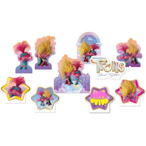 Colorful Trolls 3 table decorating kit featuring favorite characters, perfect for themed parties and celebrations. Pack of 10.