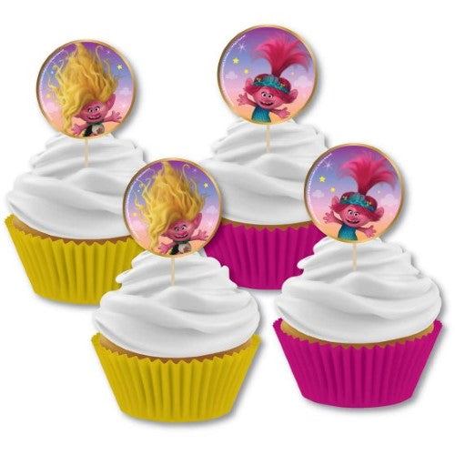 Colorful Trolls-themed cupcake picks and cases, perfect for birthday parties and celebrations, pack of 24.