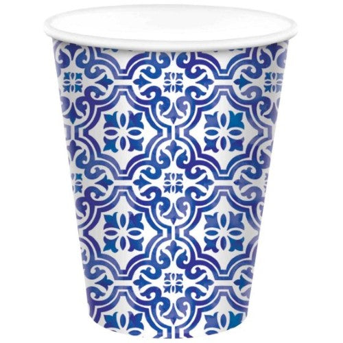 Stylish Mediterranean 266ml paper cups in a pack of 8, eco-friendly and perfect for any occasion or beverage.