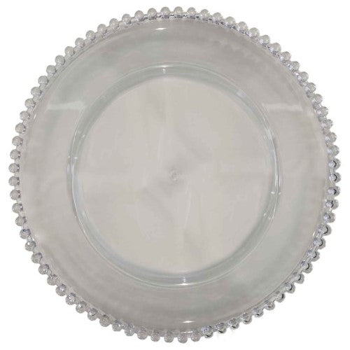 Clear plastic charger plate with elegant beaded edge, 33cm, perfect for stylish table settings at events and gatherings.