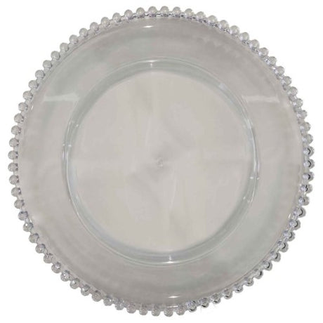 Clear plastic charger plate with elegant beaded edge, 33cm, perfect for stylish table settings at events and gatherings.