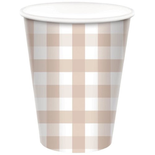 Gingham 266ml white sand paper cups in a pack of 8, perfect for eco-friendly events and stylish gatherings.