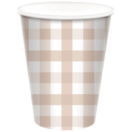 Gingham 266ml white sand paper cups in a pack of 8, perfect for eco-friendly events and stylish gatherings.