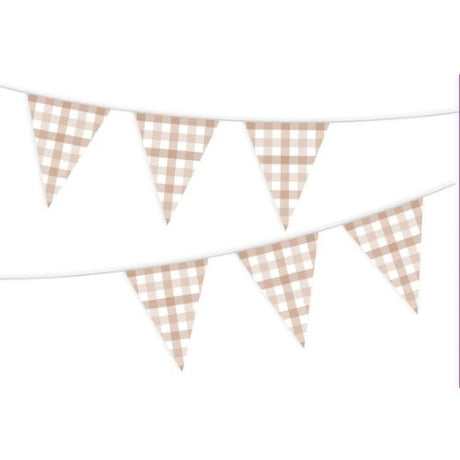 Gingham Paper Bunting in White Sand, featuring 13 pennants, 3.9m long, elegant, eco-friendly decor for any celebration.