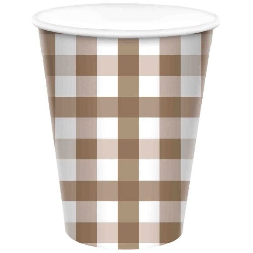 Gingham 266ml paper cups in Teddy Brown, pack of 8, ideal for stylish and eco-friendly events and gatherings.