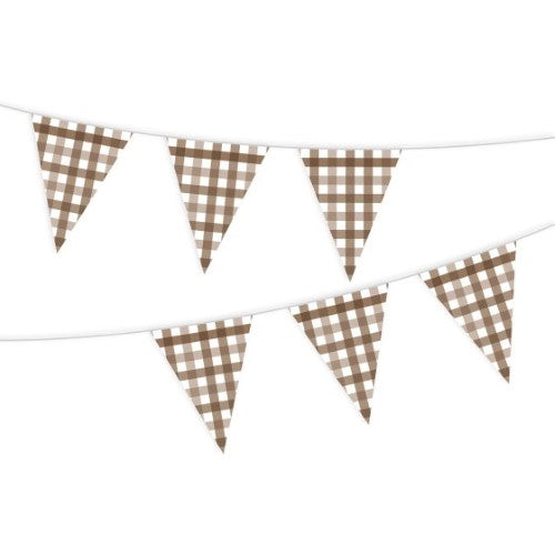 Gingham Paper Bunting in Teddy Brown, featuring 13 pennants, 3.9m long, eco-friendly, perfect for celebrations and decor.