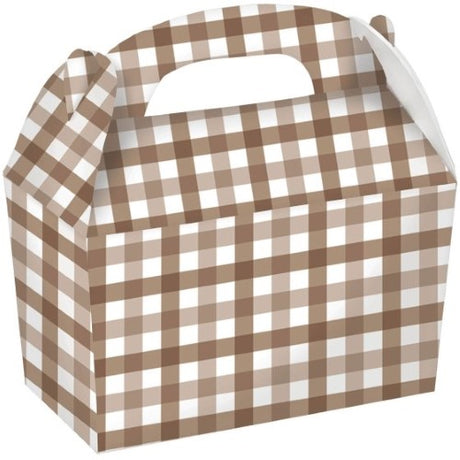 Teddy brown gingham paper treat boxes, eco-friendly, pack of 4, perfect for sweets, baked goods, or party favors.