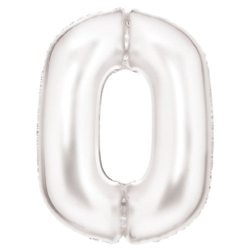 Large Number 0 Silk Lustre White Foil Balloon, 64cm wide x 90cm high, perfect for elegant celebrations and decorations.