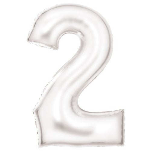 Large white foil balloon shaped like the number 2, 55cm wide by 86cm high, perfect for celebrations and events.