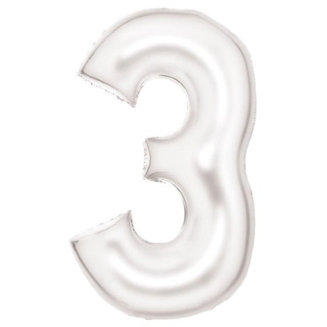 Large white foil balloon shaped as number 3, 53cm wide by 87cm high, perfect for celebrations and elegant decor.