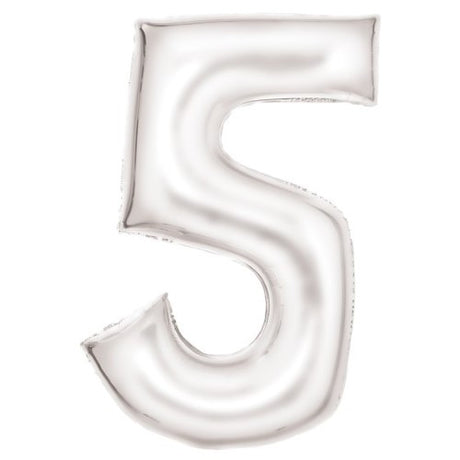 Large white foil balloon shaped like the number 5, measuring 56cm wide by 89cm high, perfect for celebrations.