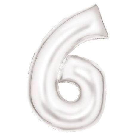 Large white foil balloon in the shape of the number 6, measuring 56cm x 92cm, ideal for sophisticated celebrations.