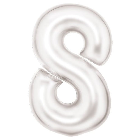 Large white foil balloon shaped like number 8, 54cm wide by 87cm high, ideal for celebrations and events.