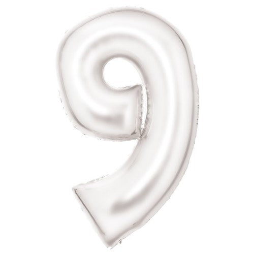 Large white foil balloon in the shape of number 9, 57cm wide x 91cm high, perfect for elegant celebrations and events.