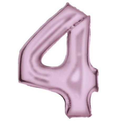 Large pastel pink foil balloon shaped like the number 4, measuring 66cm wide and 93cm high, perfect for celebrations.