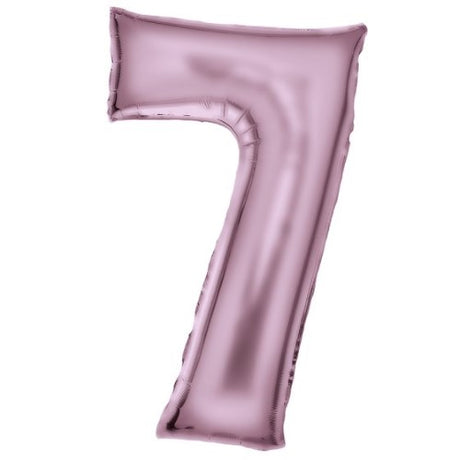 Large pastel pink foil balloon in the shape of the number 7, measuring 53cm wide by 89cm high, perfect for celebrations.