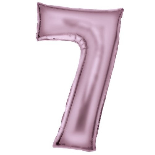 Large pastel pink foil balloon in the shape of the number 7, measuring 53cm wide by 89cm high, perfect for celebrations.