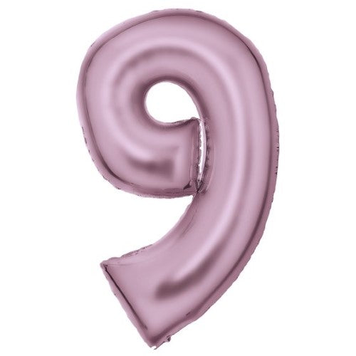 Large pastel pink foil balloon shaped as number 9, 57cm wide and 91cm high, perfect for celebrations and parties.