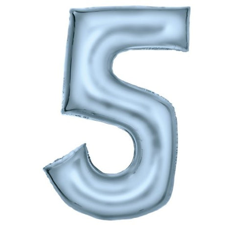 Large pastel blue foil balloon shaped like the number 5, measuring 56cm x 89cm, perfect for celebrations and photos.