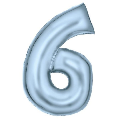 Large pastel blue foil balloon shaped as the number 6, measuring 56cm wide by 92cm high, perfect for celebrations.