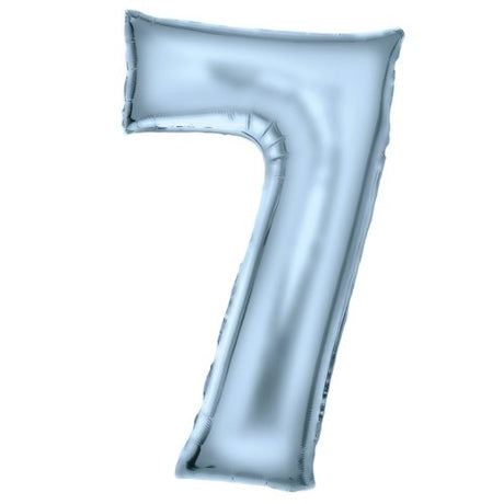 Large pastel blue foil balloon shaped as number 7, measuring 53cm x 89cm, ideal for milestone celebrations.