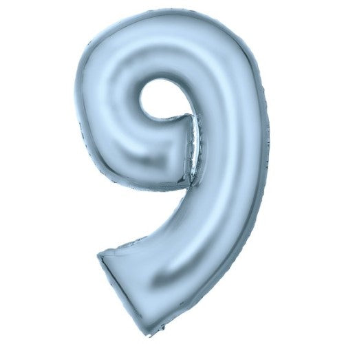 Large pastel blue foil number 9 balloon, 57cm wide and 91cm high, perfect for celebrations and decor.