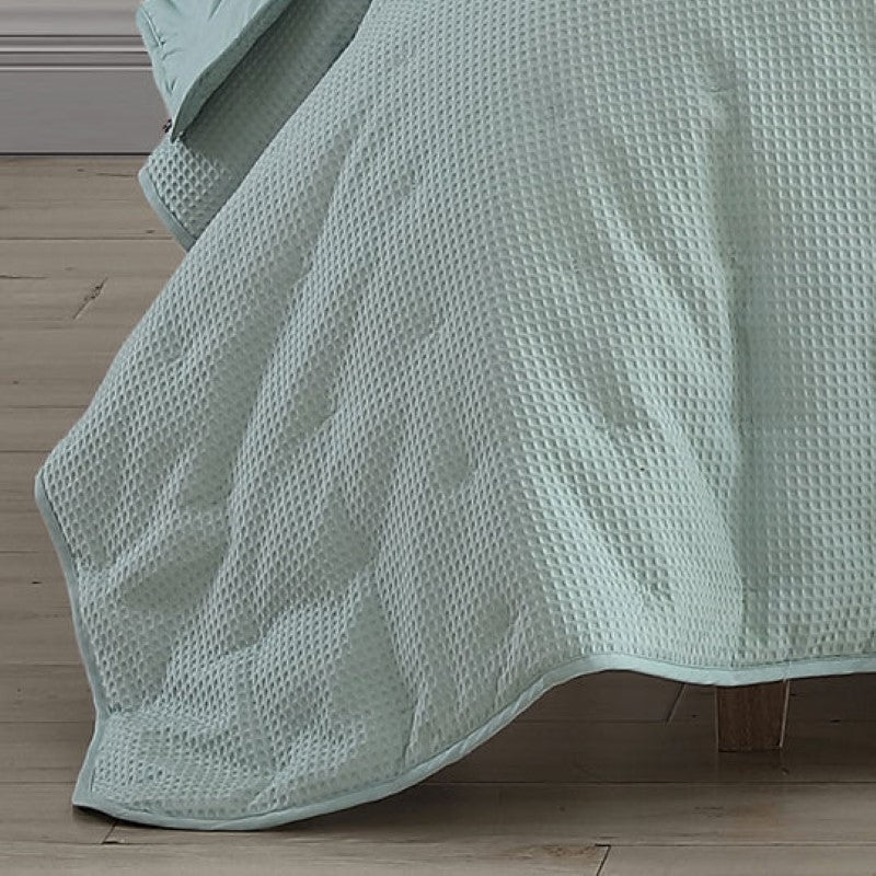 Elegant PLATINUM Ascot Surf coverlet in textured waffle weave, perfect for single or double beds, measuring 180cm x 220cm.