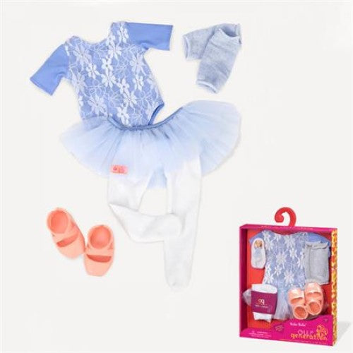 Pale-blue lace ballet outfit with tutu, tights, leg warmers, and pink shoes for 18-inch dolls, perfect for imaginative play.